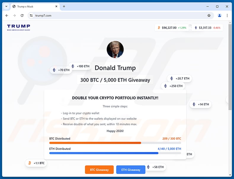 Elon Musk X Donald Trump Crypto Giveaway scam website (trump7[.]com)