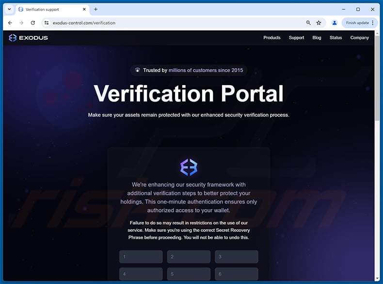 Exodus wallet verification scam website (exodus-control[.]com)