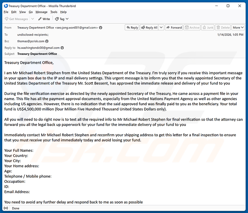 Fund Release email scam (2026-01-15)