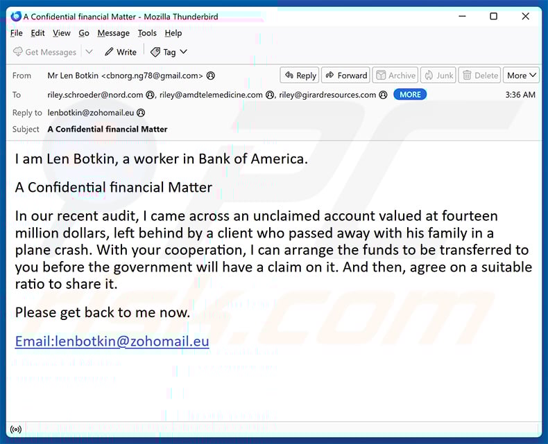 Funds For Transfer email scam (2026-01-22)