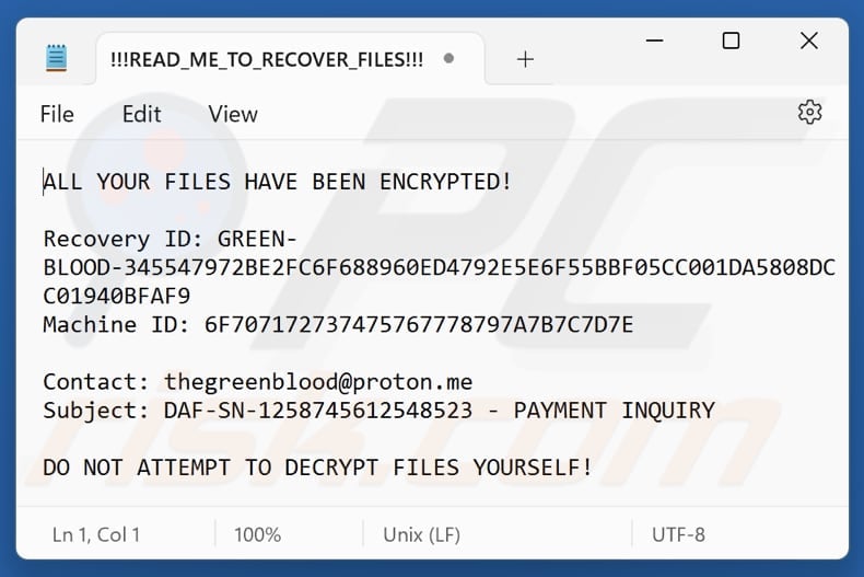 Green Blood ransomware text file (!!!READ_ME_TO_RECOVER_FILES!!!.txt)