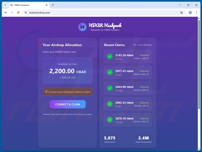 Hedera (HBAR) airdrop-themed scam website (hederaairdrop[.]com) stealing cryptocurrency wallets