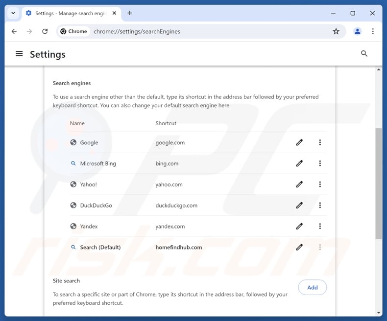 Removing homefindhub.com from Google Chrome default search engine