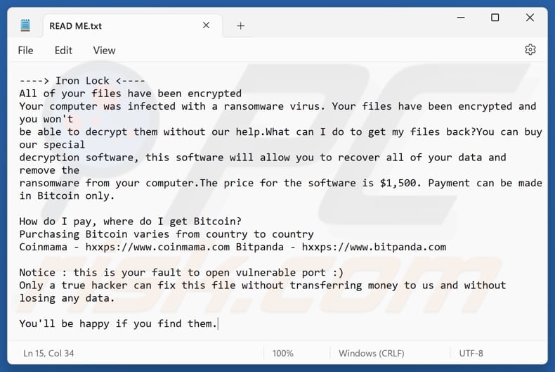 Iron Lock ransomware text file (READ ME.txt)
