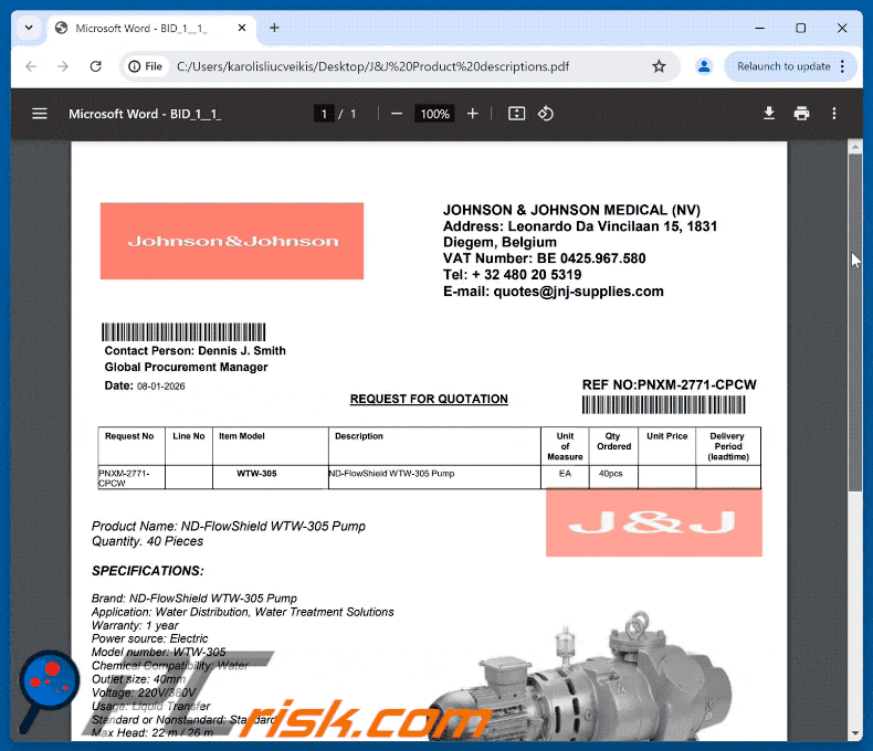Johnson & Johnson Quotation Request Email Scam appearance