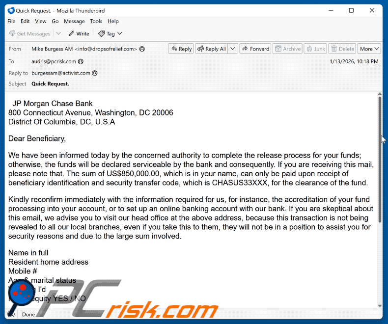JP Morgan Chase Fund Release scam email appearance (GIF)