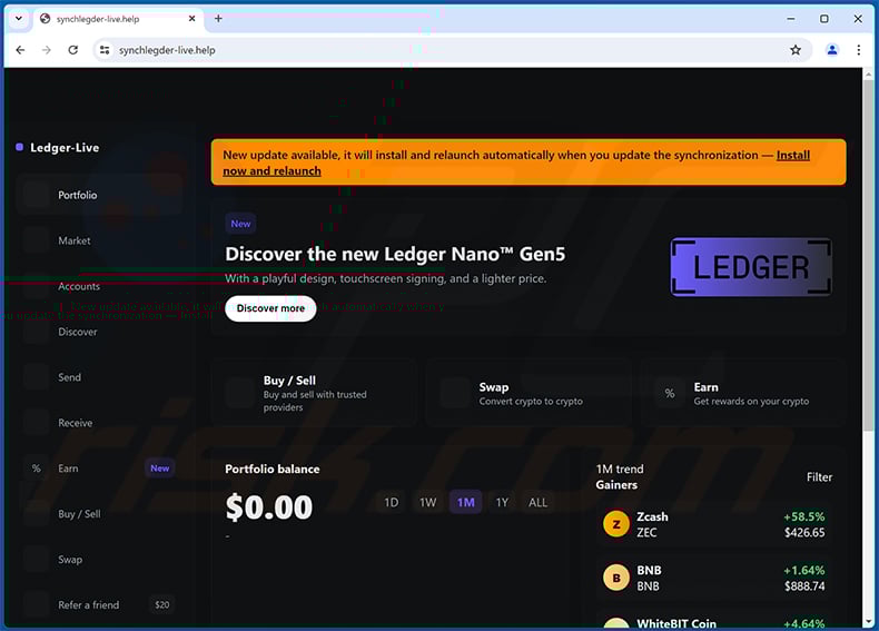 Ledger Live Update-themed scam website (synchlegder-live[.]help)