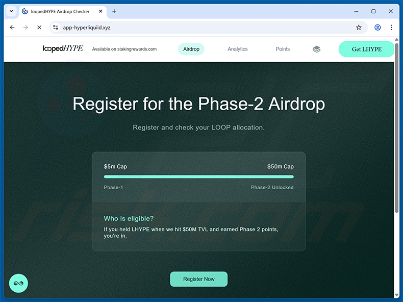 LoopedHYPE (LHYPE) airdrop scam website (app-hyperliquiid[.]xyz)