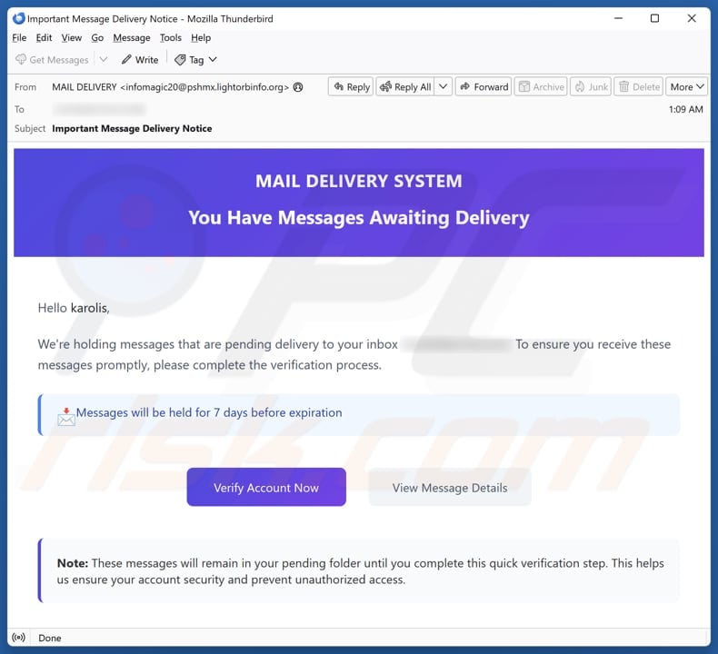 Email Account Failure Notice email spam campaign
