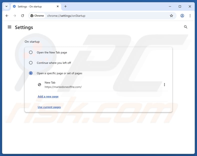 Removing markedoneofthe.com from Google Chrome homepage