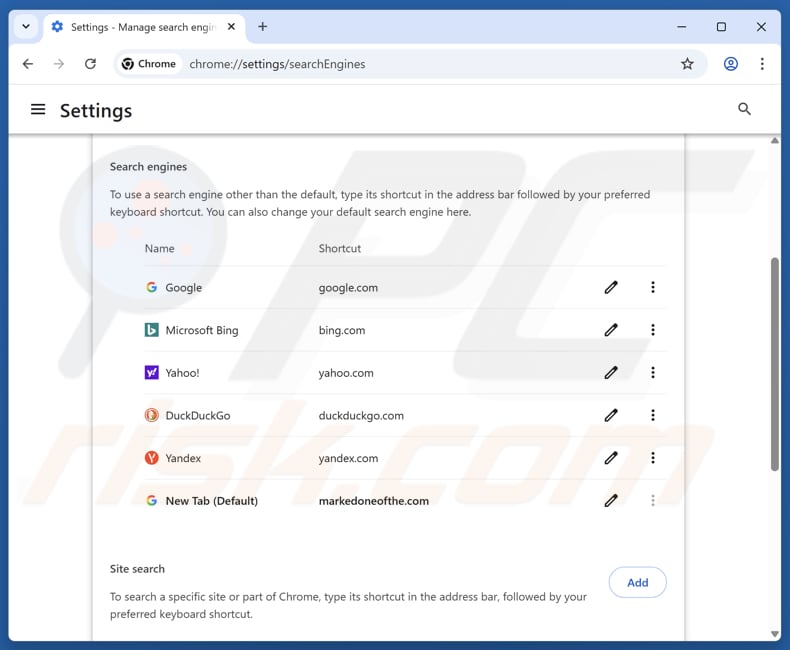 Removing markedoneofthe.com from Google Chrome default search engine