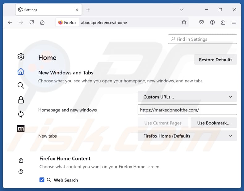 Removing markedoneofthe.com from Mozilla Firefox homepage