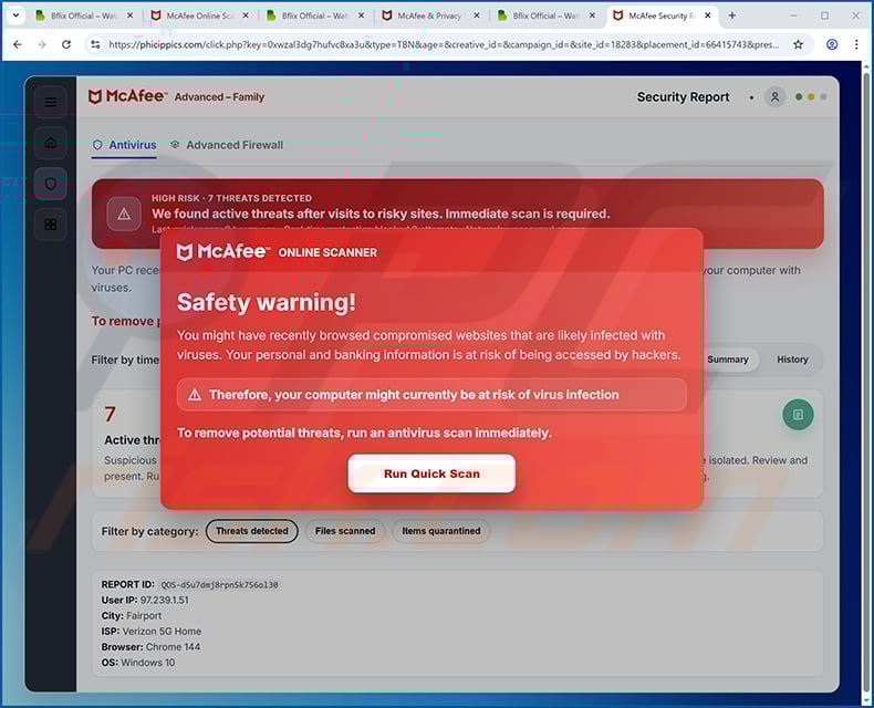 McAfee Safety Warning pop-up scam (2026-01-30)