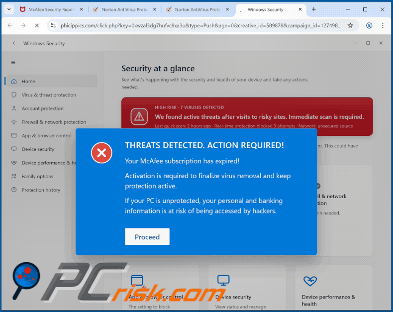 Appearance of McAfee - Threats Detected. Action Required! scam