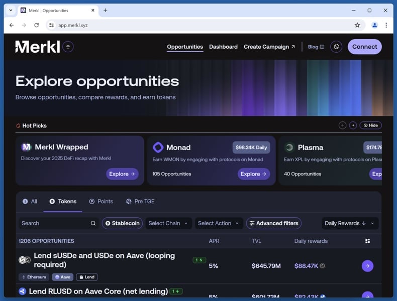 Merkl Incentives Campaign Scam the original Merkl website (app.merkl.xyz)