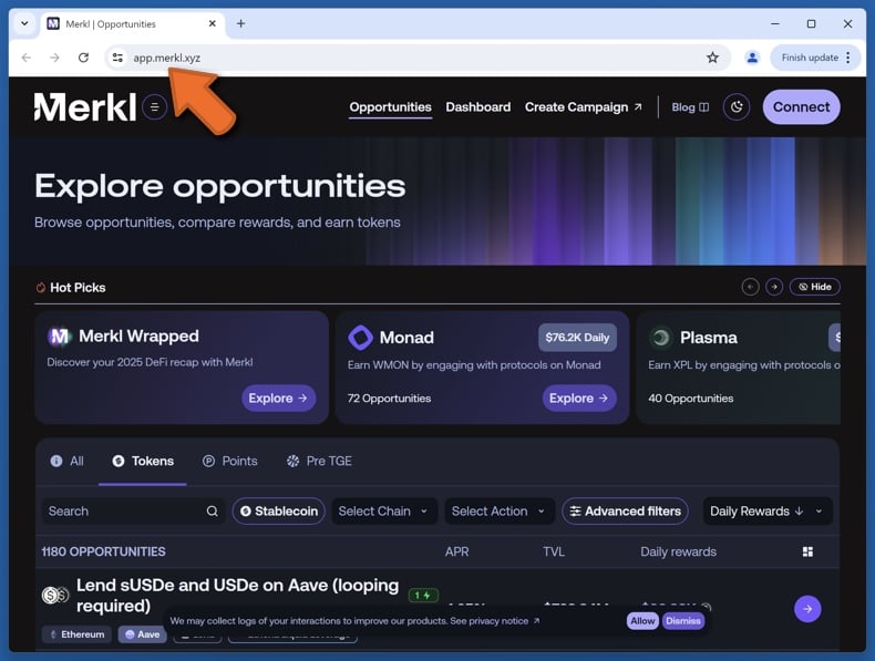 Appearance of the real Merkl website (app.merkl.xyz)