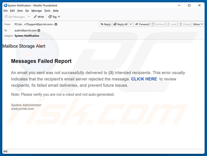 Messages Failed Report email scam (2026-01-23)