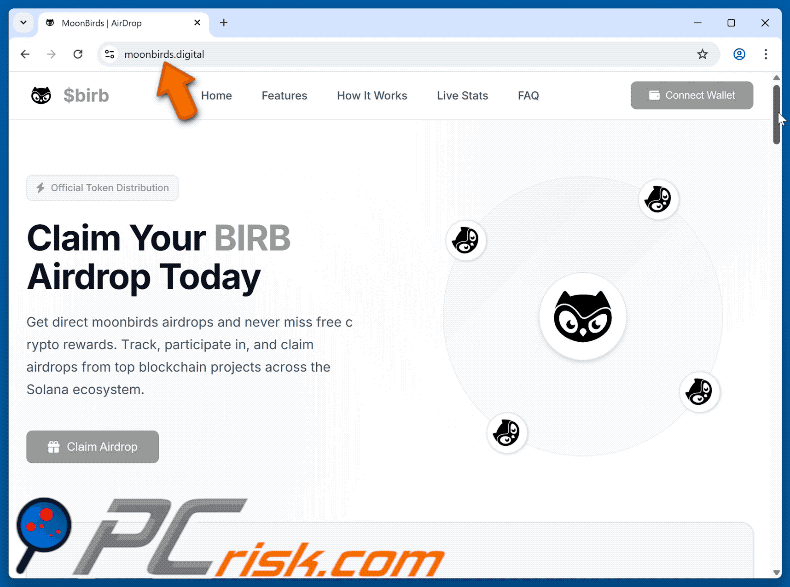 Appearance of the fake Moonbirds ($BIRB) Airdrop website (GIF)