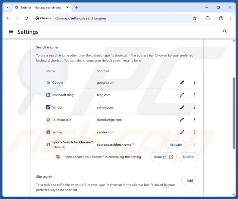 Removing my-sports-search.com from Google Chrome default search engine