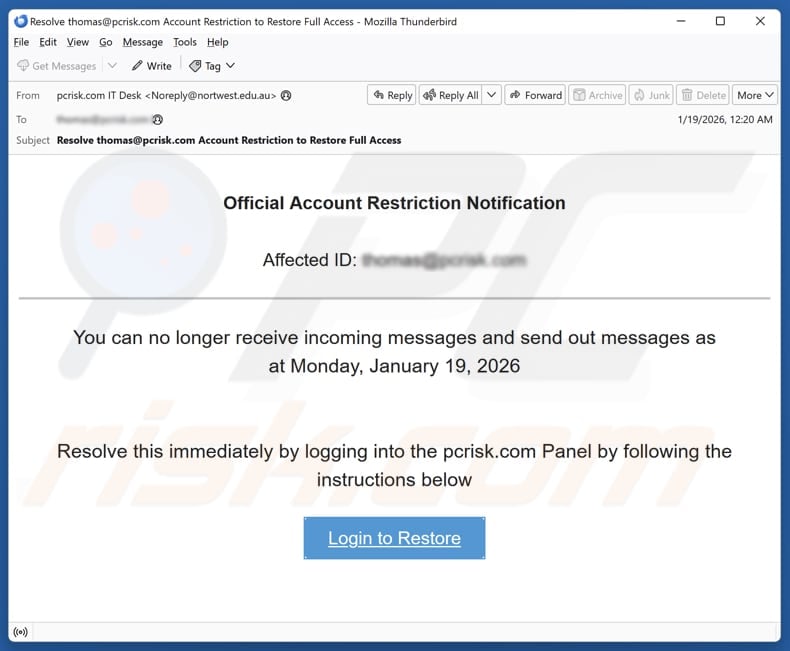 Email Account Failure Notice email spam campaign