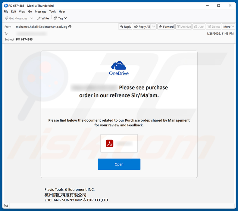 OneDrive Purchase Order email scam (2026-01-29)