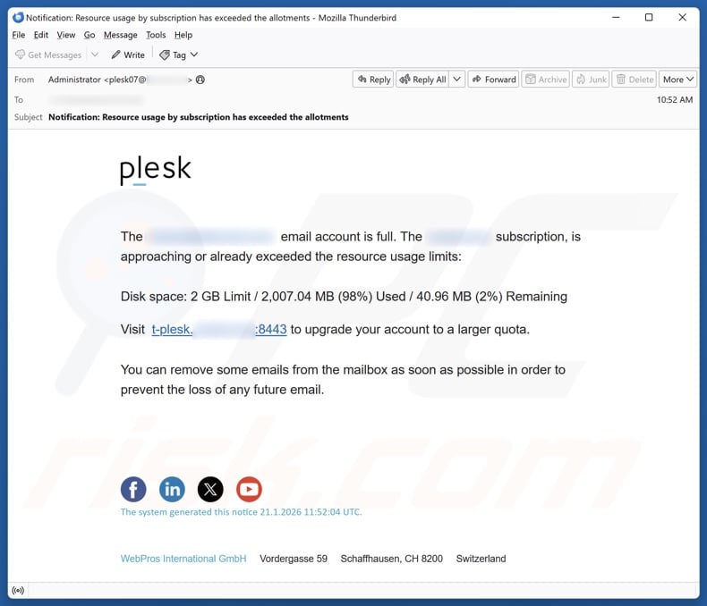Plesk - Resource Usage Limits email spam campaign