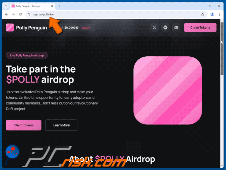 Appearance of the fake Polly Penguin ($POLLY) Airdrop website (GIF)