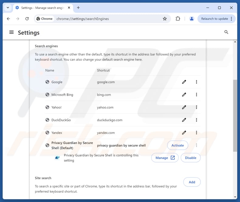 Removing privacyguardiansearch.com from Google Chrome default search engine