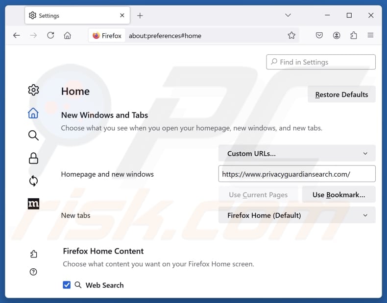 Removing privacyguardiansearch.com from Mozilla Firefox homepage