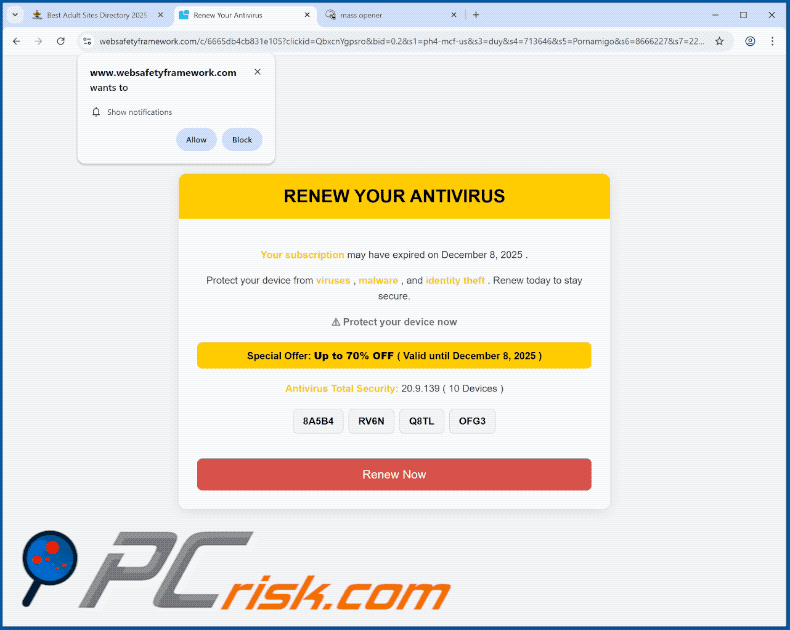 Appearance of Renew Your Antivirus scam (GIF)