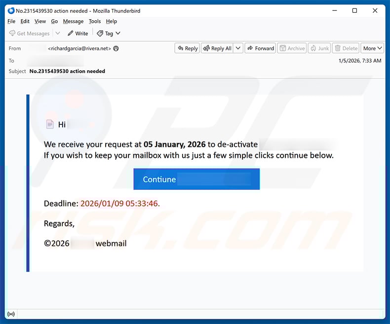 Request To Deactivate Your Email Account Scam (2026-01-08)