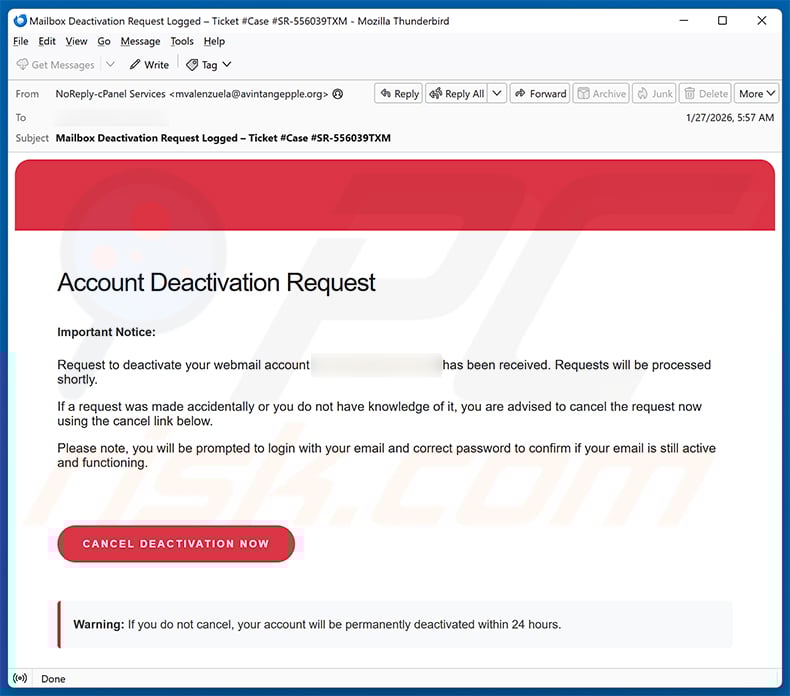 Email Deactivation Request scam (2026-01-28)