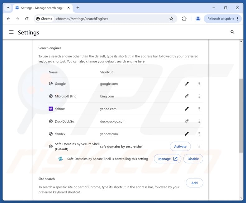 Removing safedomains.net from Google Chrome default search engine