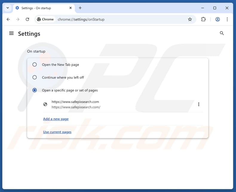 Removing safepixsearch.com from Google Chrome homepage