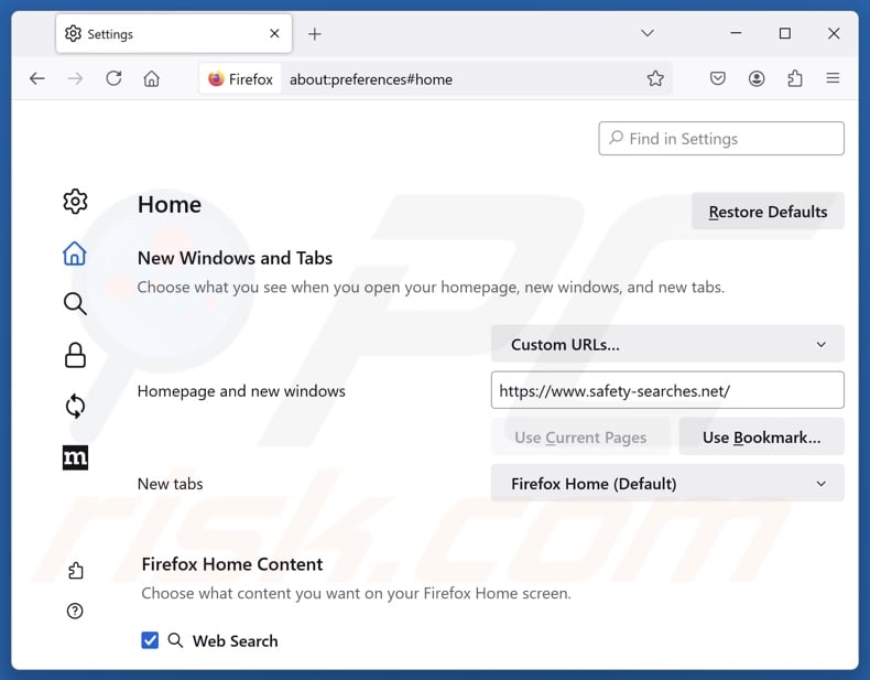 Removing safety-searches.net from Mozilla Firefox homepage