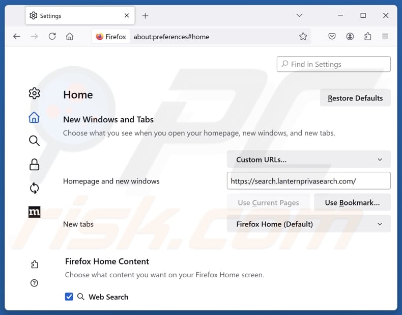 Removing search.lanternprivasearch.com from Mozilla Firefox homepage