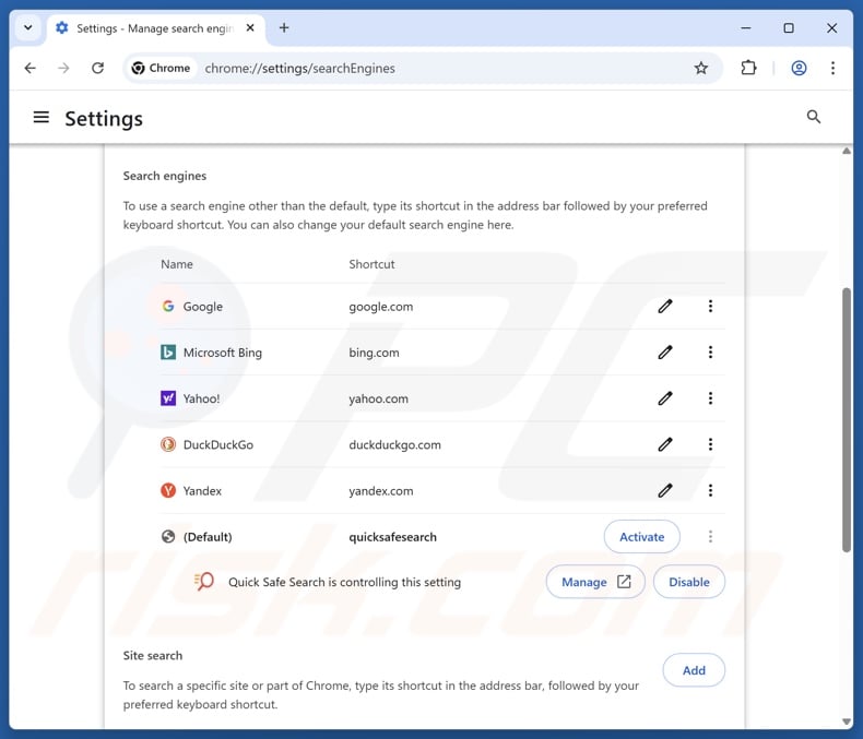 Removing search.quicksearchsafe.com from Google Chrome default search engine