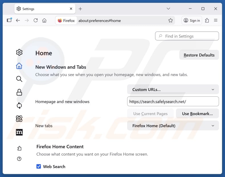 Removing search.safelysearch.net from Mozilla Firefox homepage