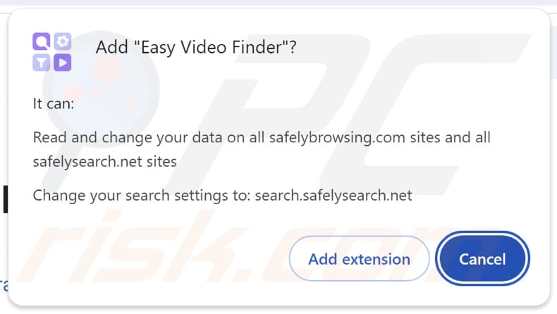 Easy Video Finder browser hijacker asking for permissions
