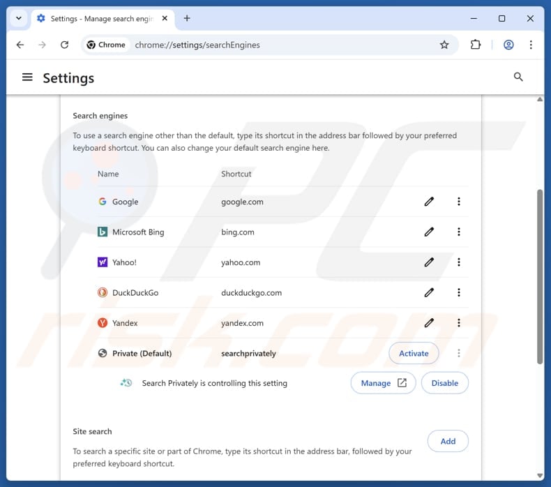 Removing searchprivatelynow.com from Google Chrome default search engine