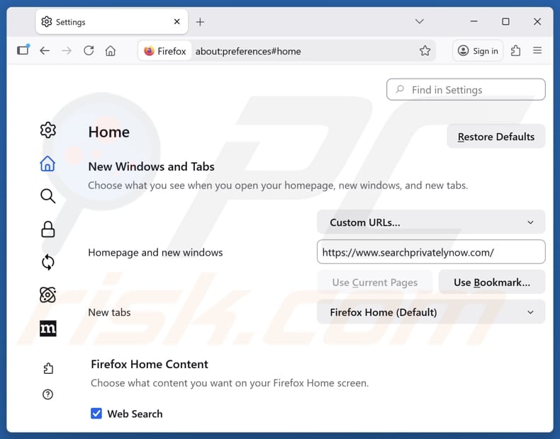 Removing searchprivatelynow.com from Mozilla Firefox homepage