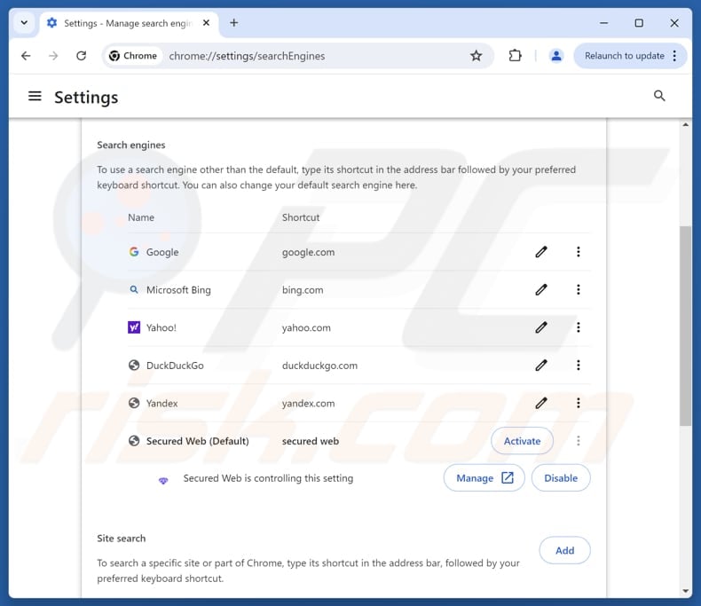 Removing securedwebsearch.com from Google Chrome default search engine
