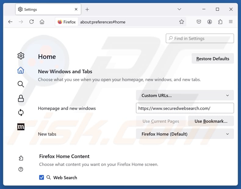 Removing securedwebsearch.com from Mozilla Firefox homepage