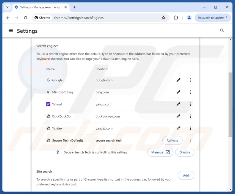 Removing securesearchtech.net from Google Chrome default search engine