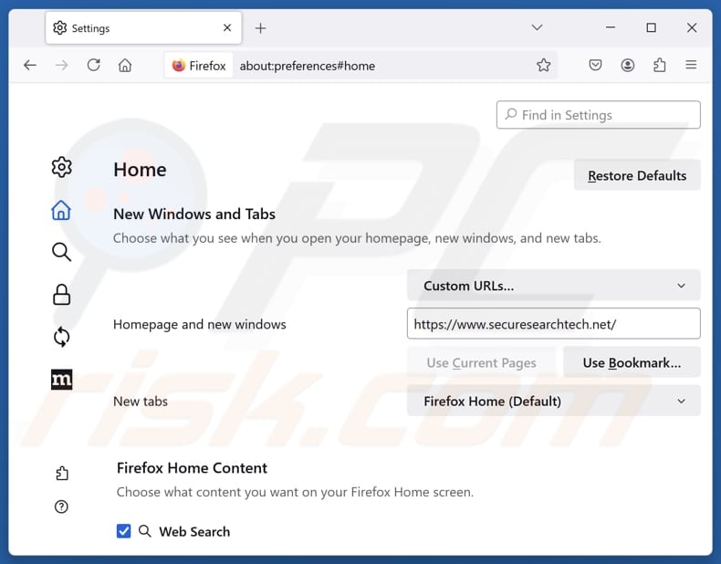 Removing securesearchtech.net from Mozilla Firefox homepage