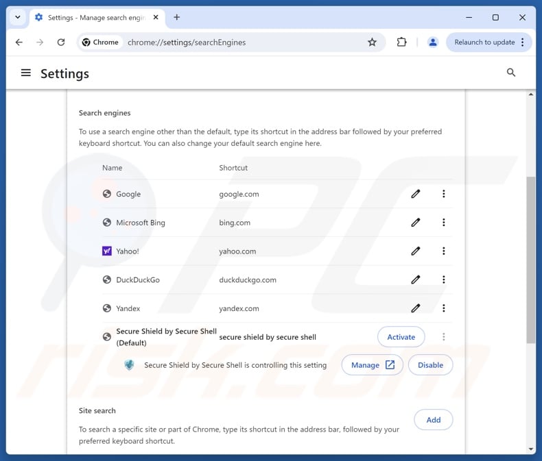 Removing secureshieldsearch.com from Google Chrome default search engine