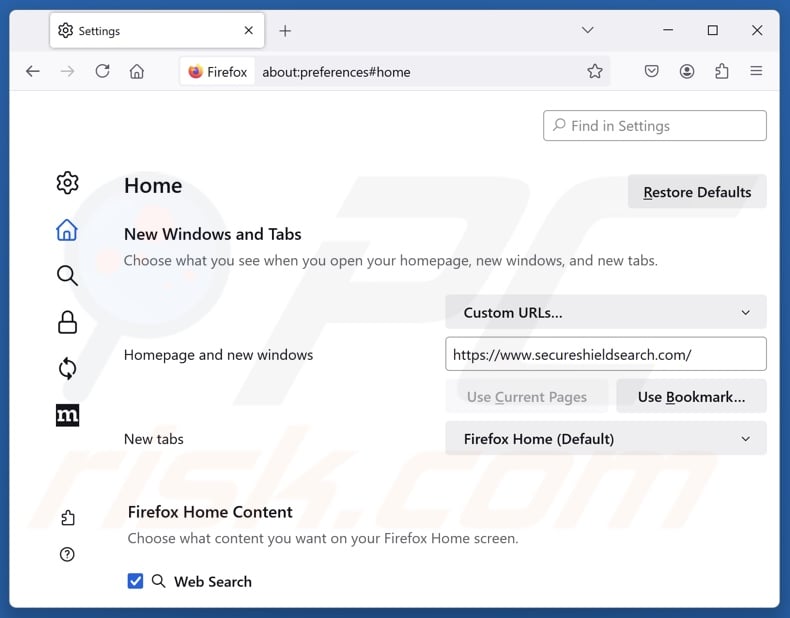 Removing secureshieldsearch.com from Mozilla Firefox homepage