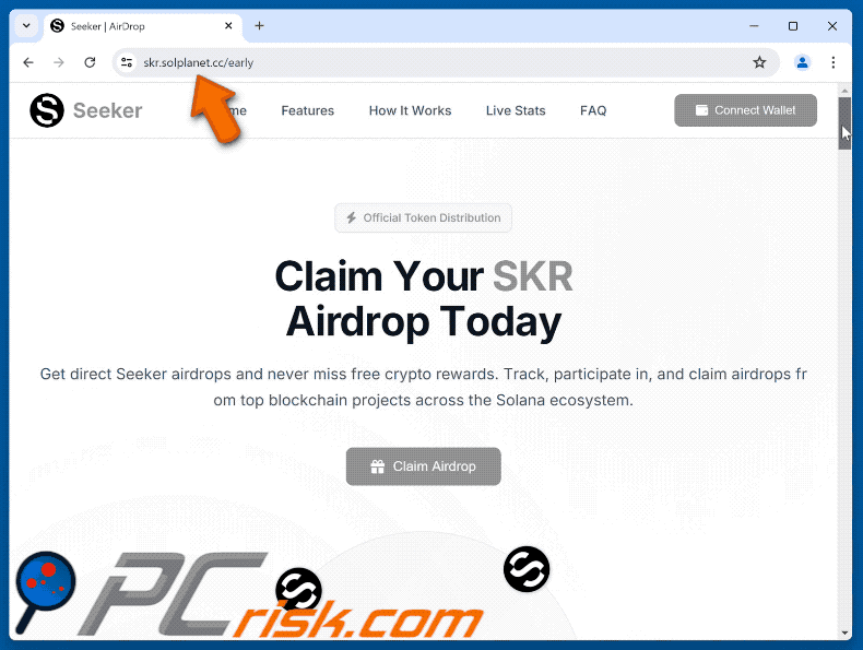 Appearance of the fake Solana Seeker ($SKR) Airdrop website (GIF)