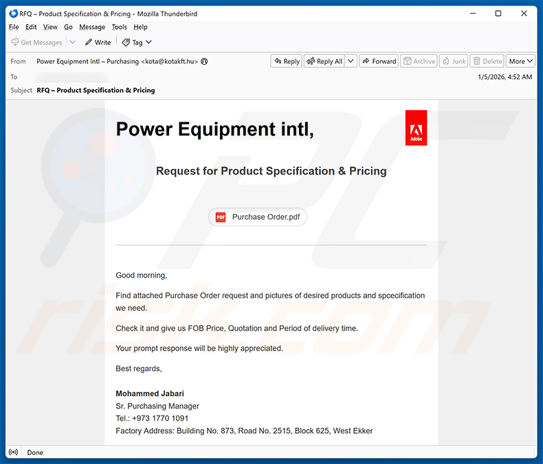 Specification Of Products email scam (2026-01-08)