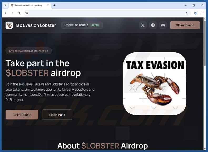 Tax Evasion Lobster ($LOBSTER) Airdrop scam